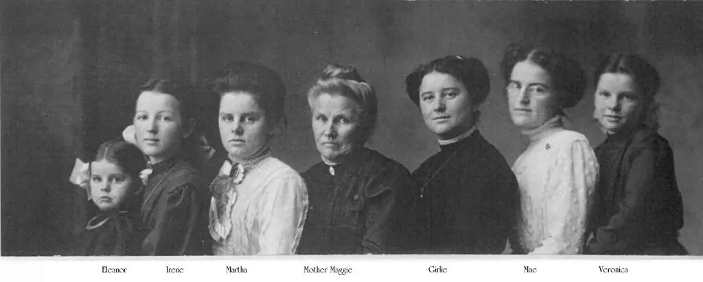 Grayscale studio portrait of seven females, including a child, with identifying labels beneath each figure.