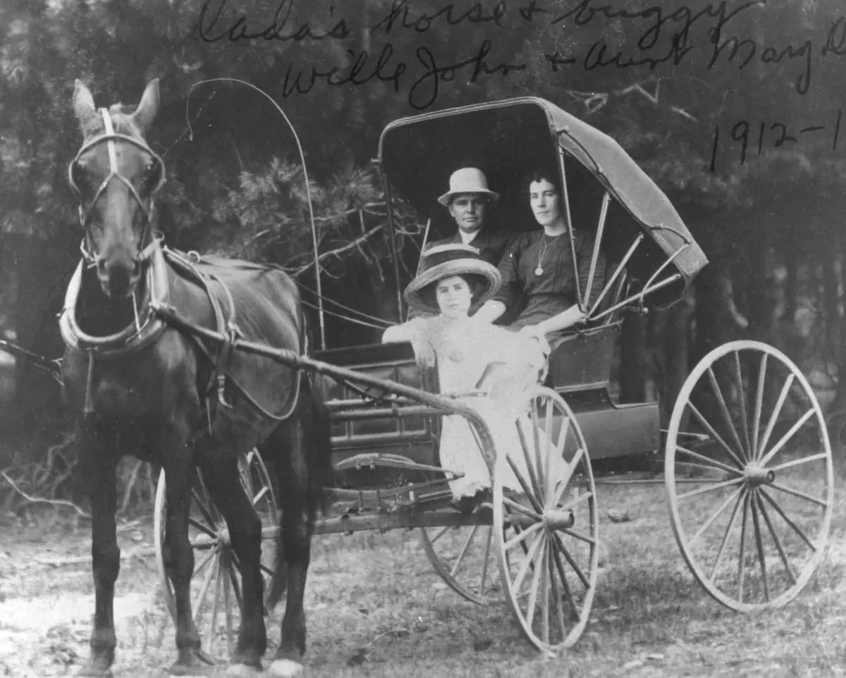 Black-and-white photograph of a horse-drawn buggy with three people seated in it, bearing handwritten identification.