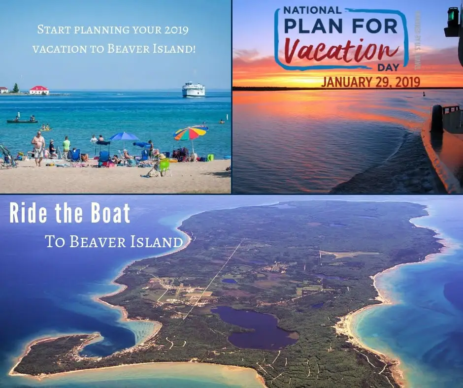 Promotional collage showing a beach, passenger vessel, sunset water scene, and aerial landscape.