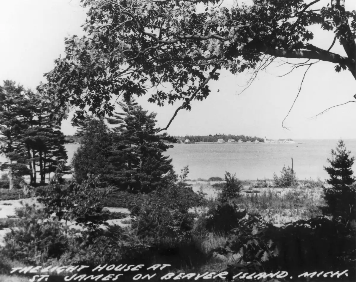 Black-and-white view of a lighthouse and distant shoreline framed by trees, with a handwritten caption along the bottom.