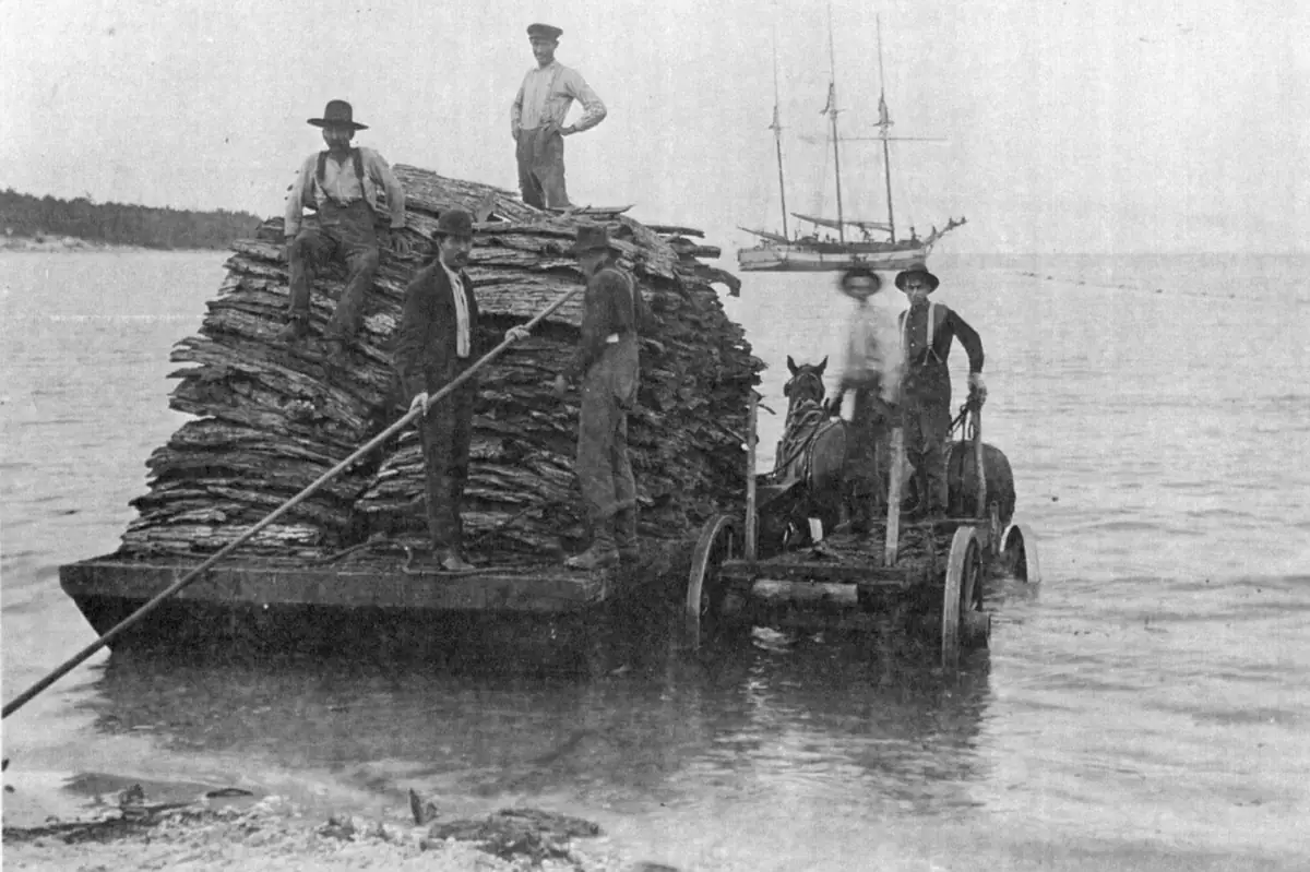 Men stand on a log raft beside a horse-drawn cart in shallow water, with a sailing vessel behind them.