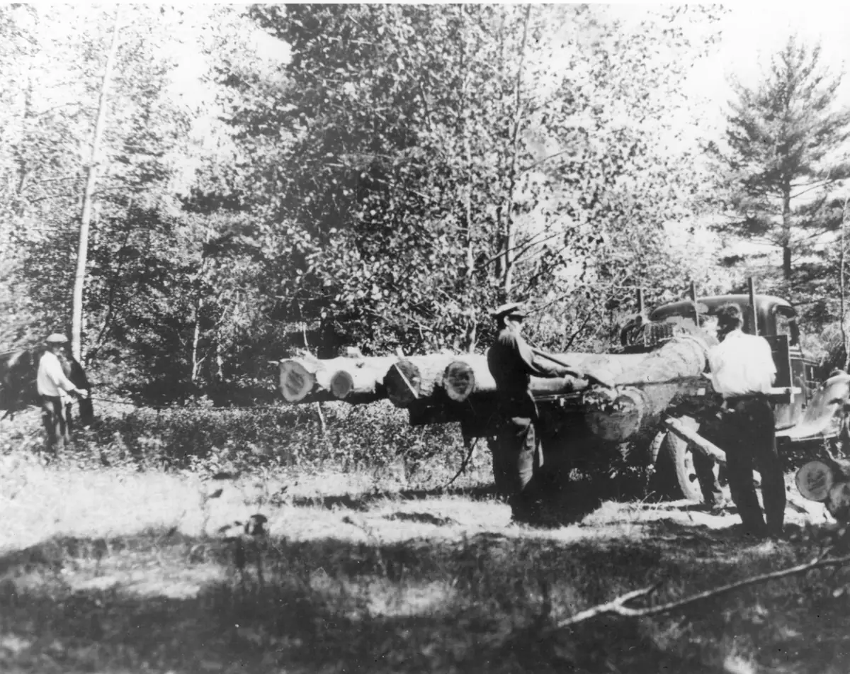 Men stand beside a truck loaded with logs in a wooded clearing.
