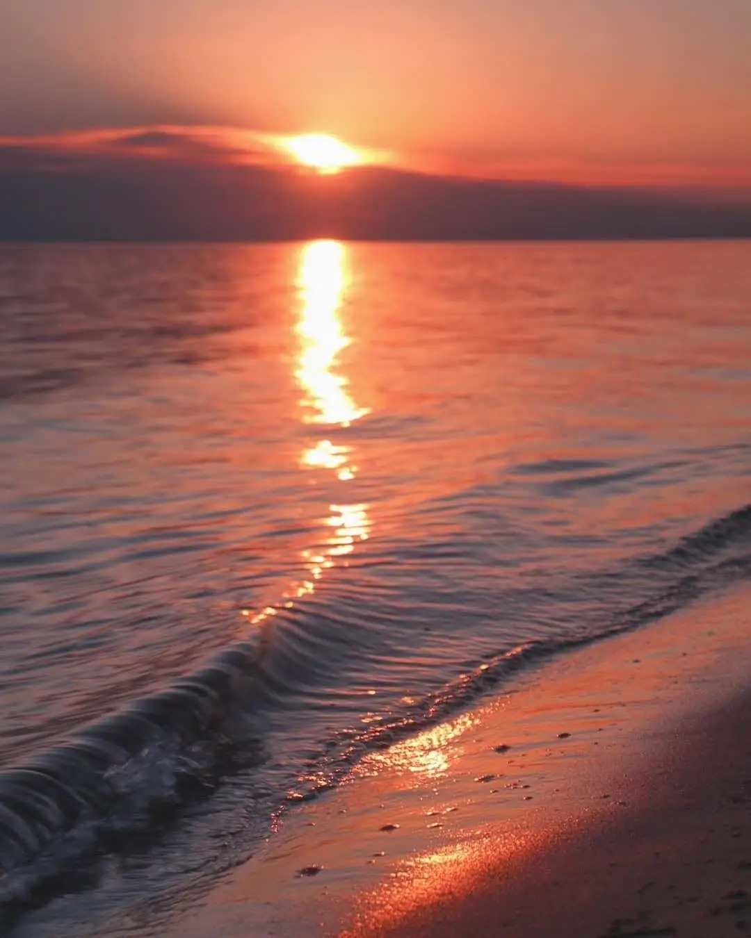 Sunset casts a bright reflection across rippling water beside a sandy shoreline.