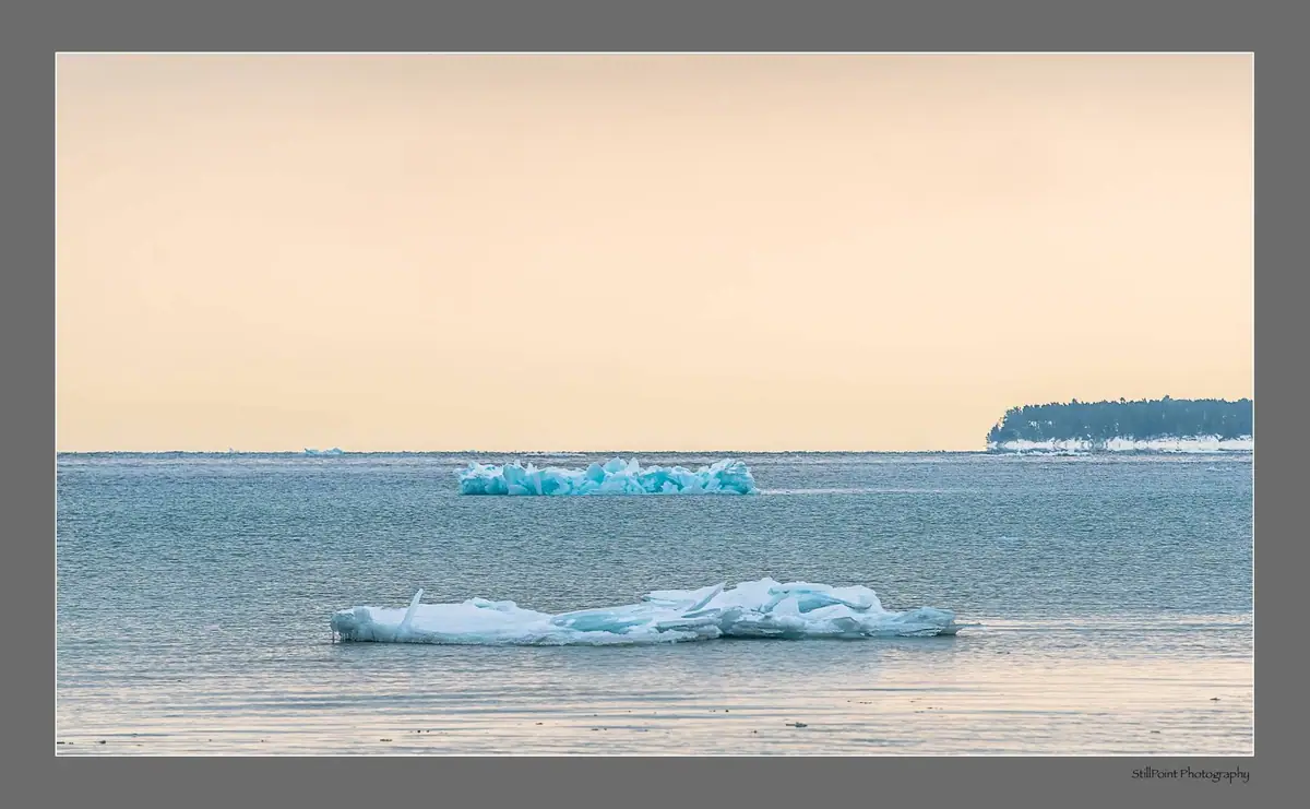 Floating ice chunks on rippled water with a wooded shoreline in the distance.