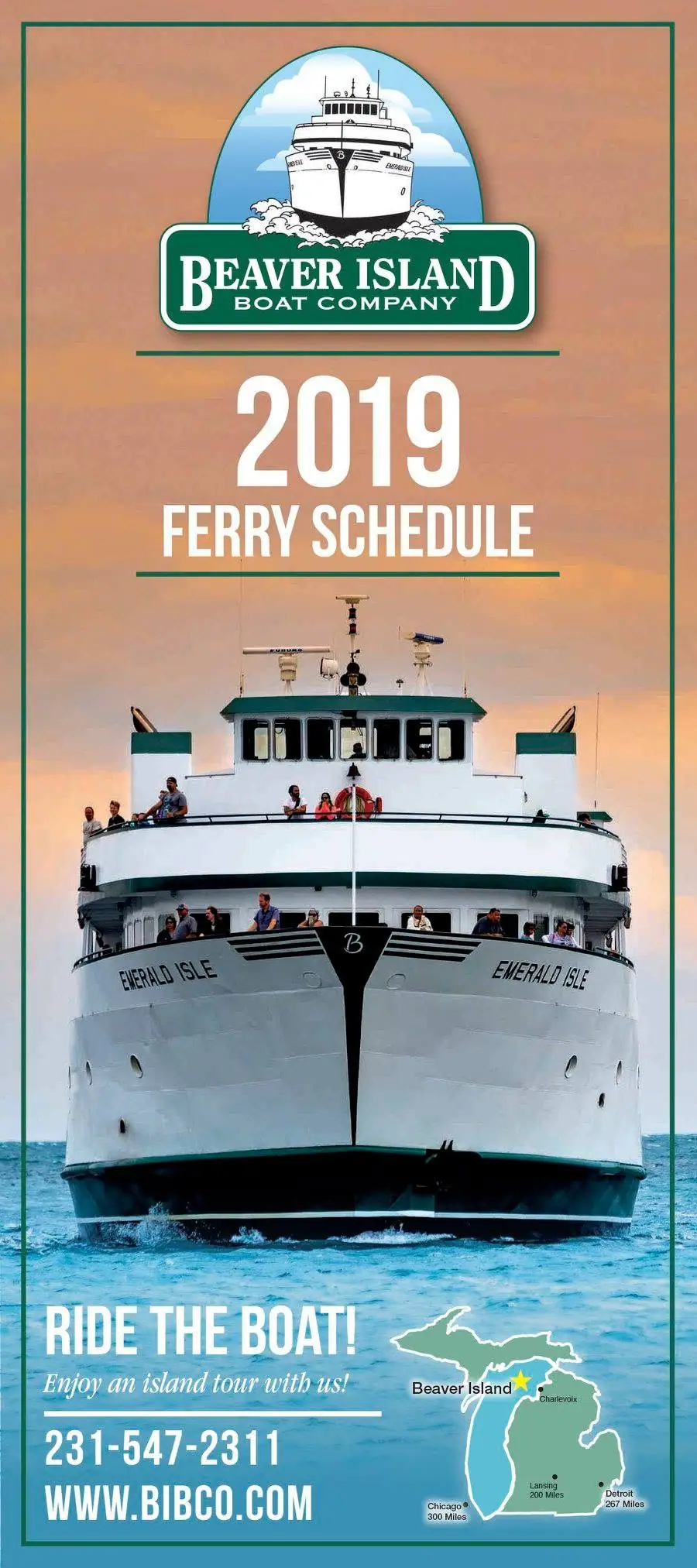 Promotional ferry schedule graphic featuring a passenger ferry, route map, and large service information text.