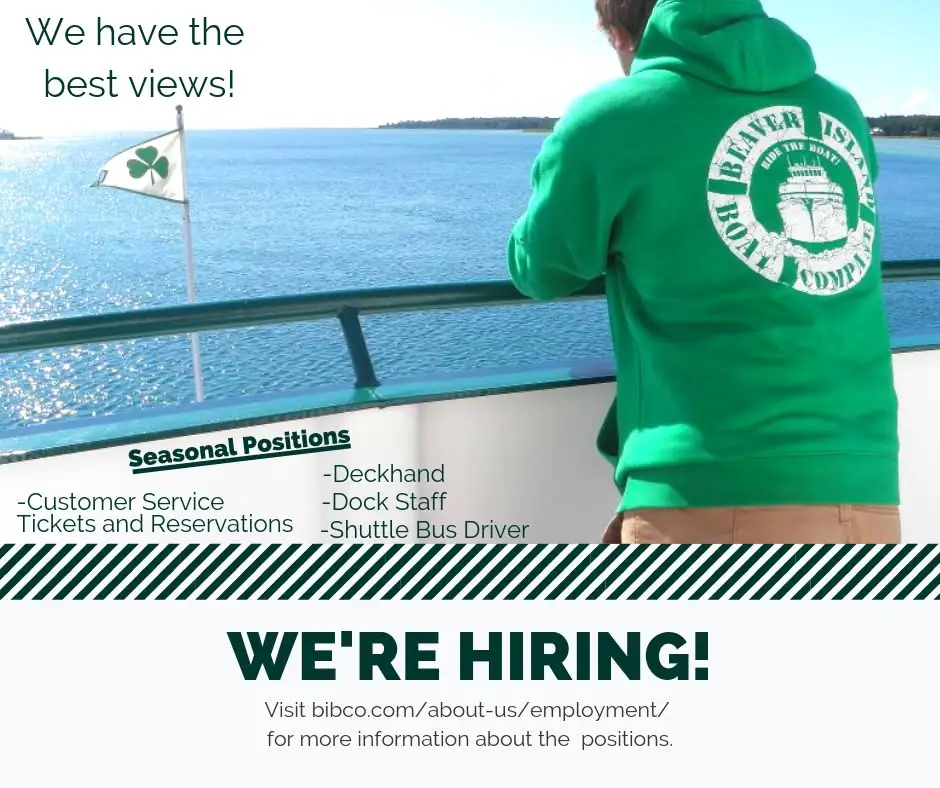 Promotional graphic showing a person on a vessel deck, a shamrock flag, and seasonal job openings.