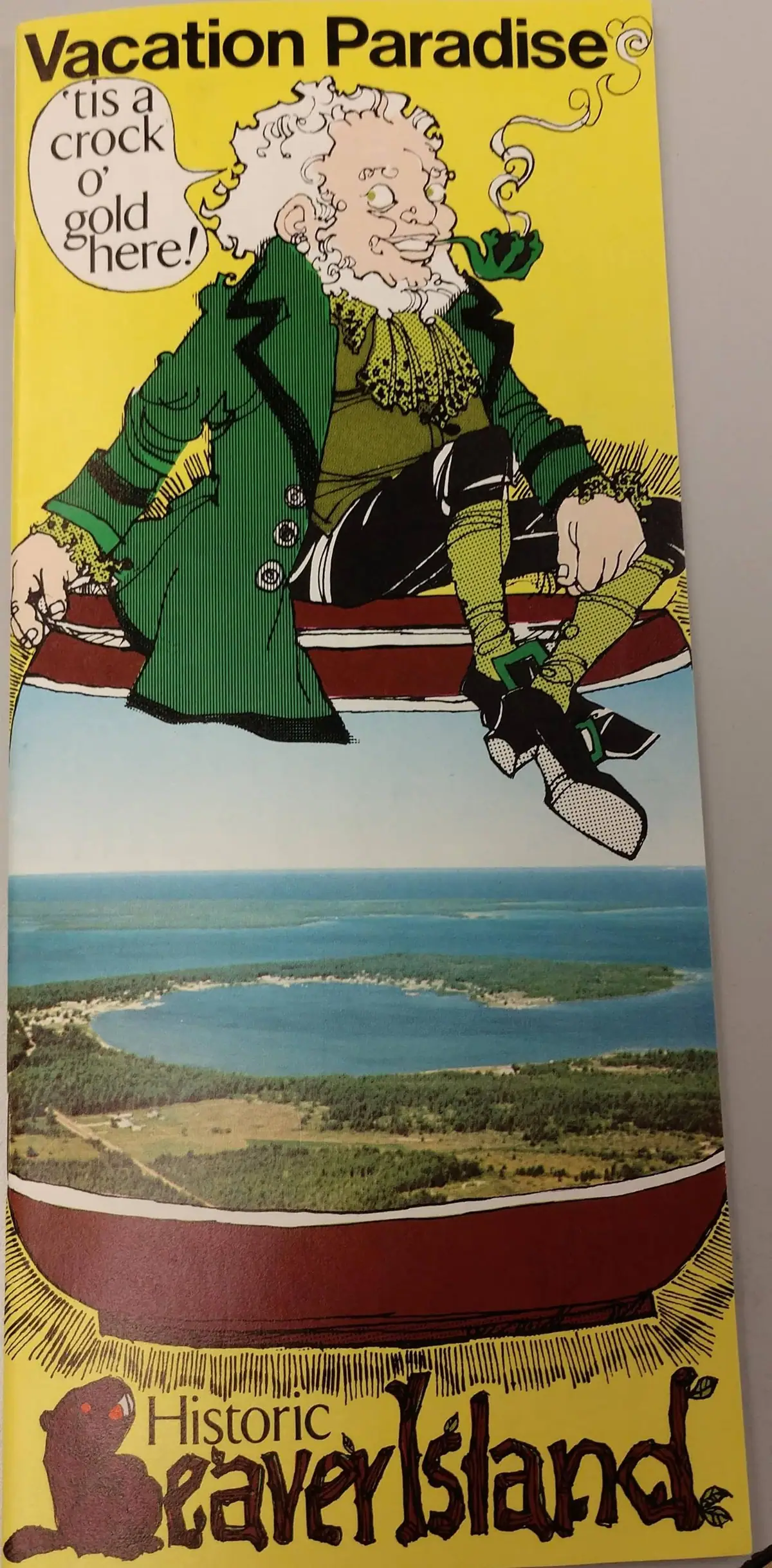 Illustrated poster showing a pipe-smoking figure above an aerial landscape and bold promotional lettering.