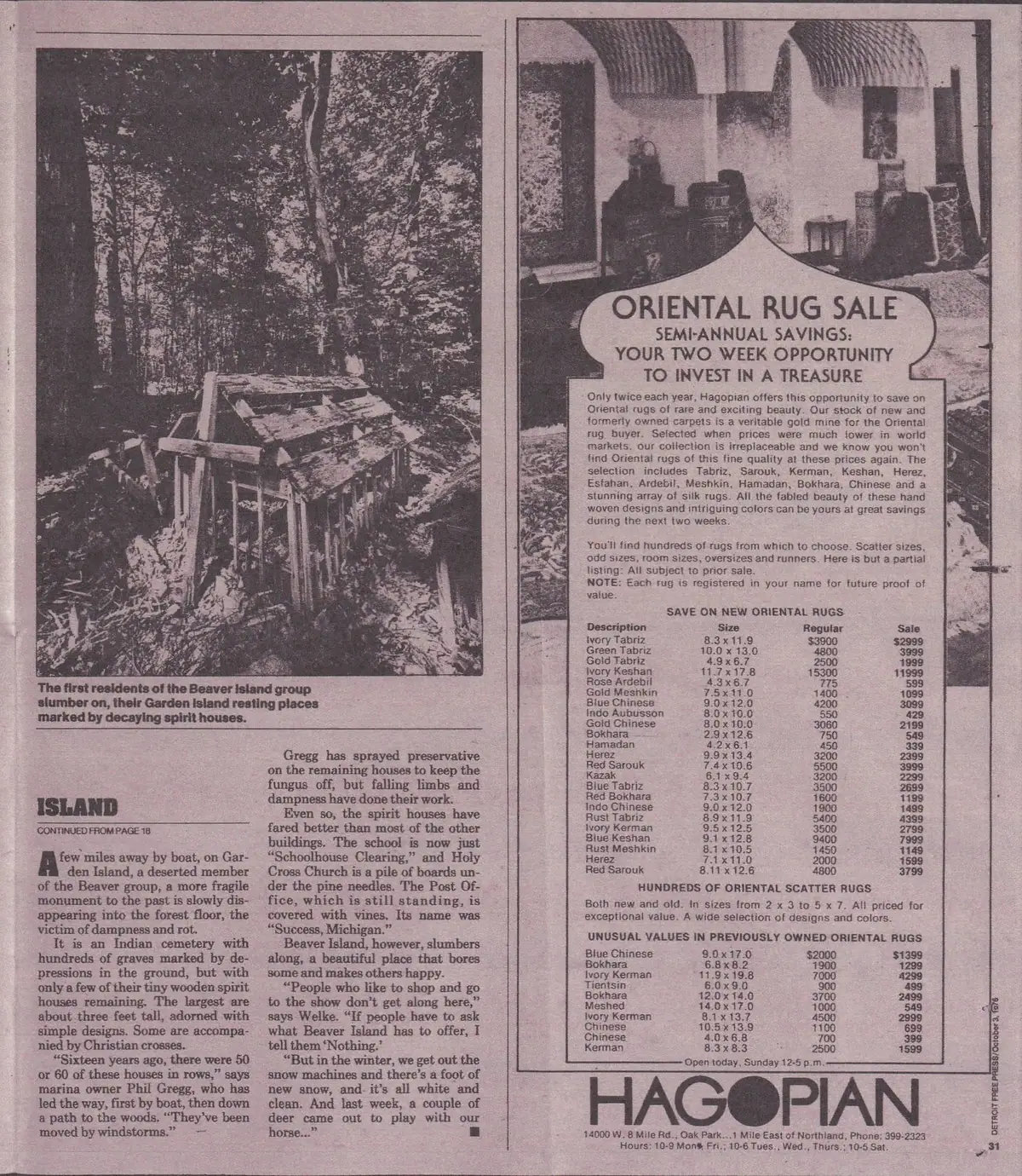 A printed newspaper page with a black-and-white photograph of decaying wooden structures and an Oriental rug advertisement.