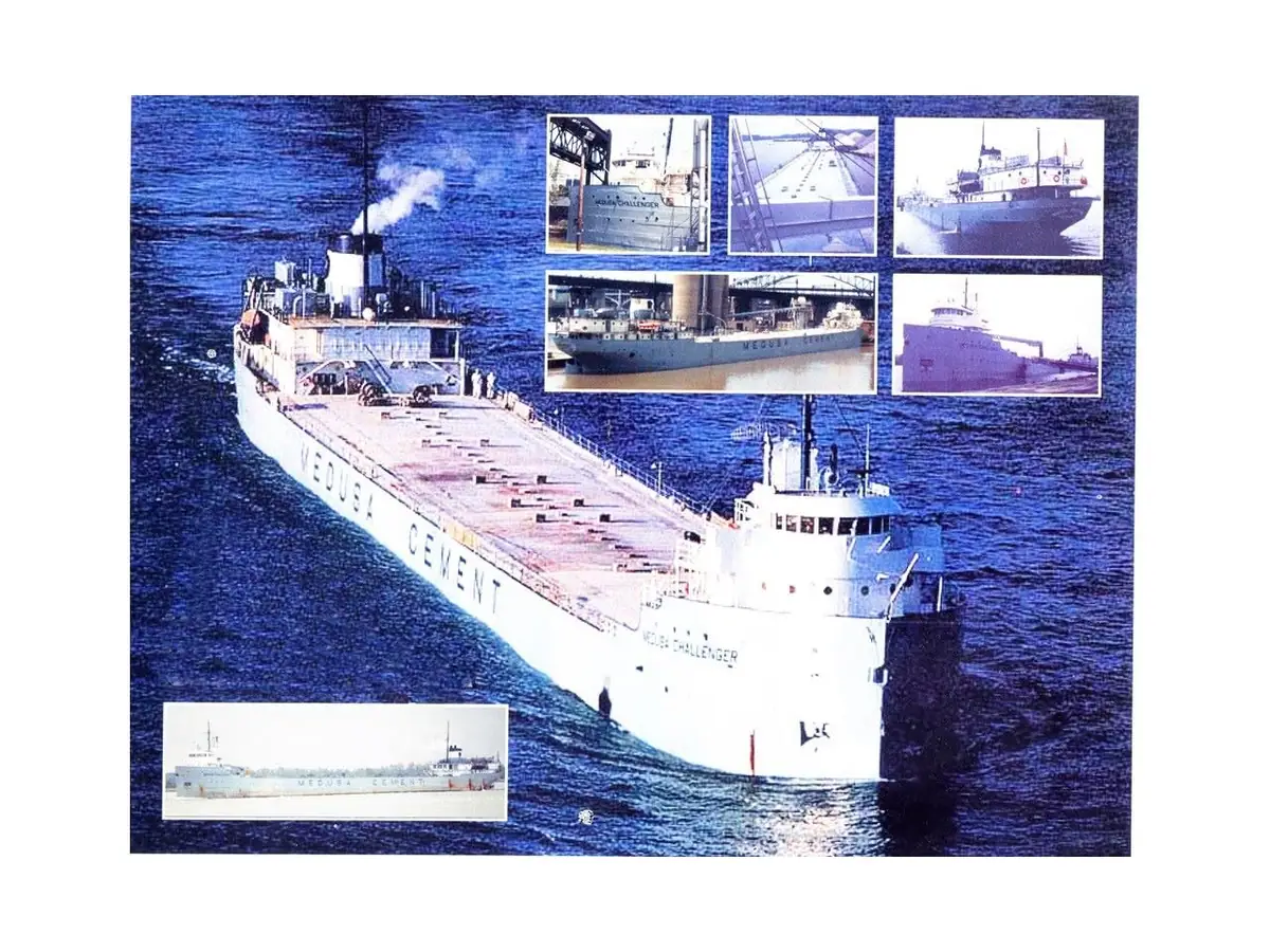 Composite photograph showing a white cement ship underway, with several smaller views of the vessel inset above and below.