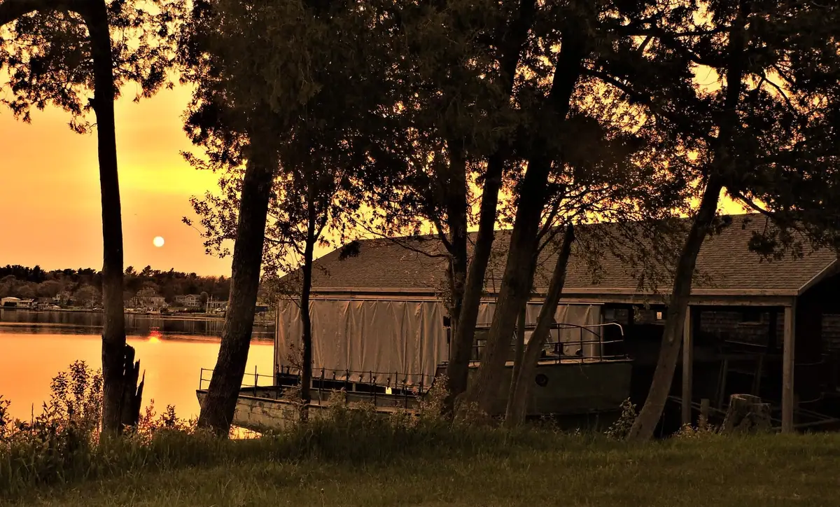 A covered boat beside a waterfront building at sunset, viewed through silhouetted trees.