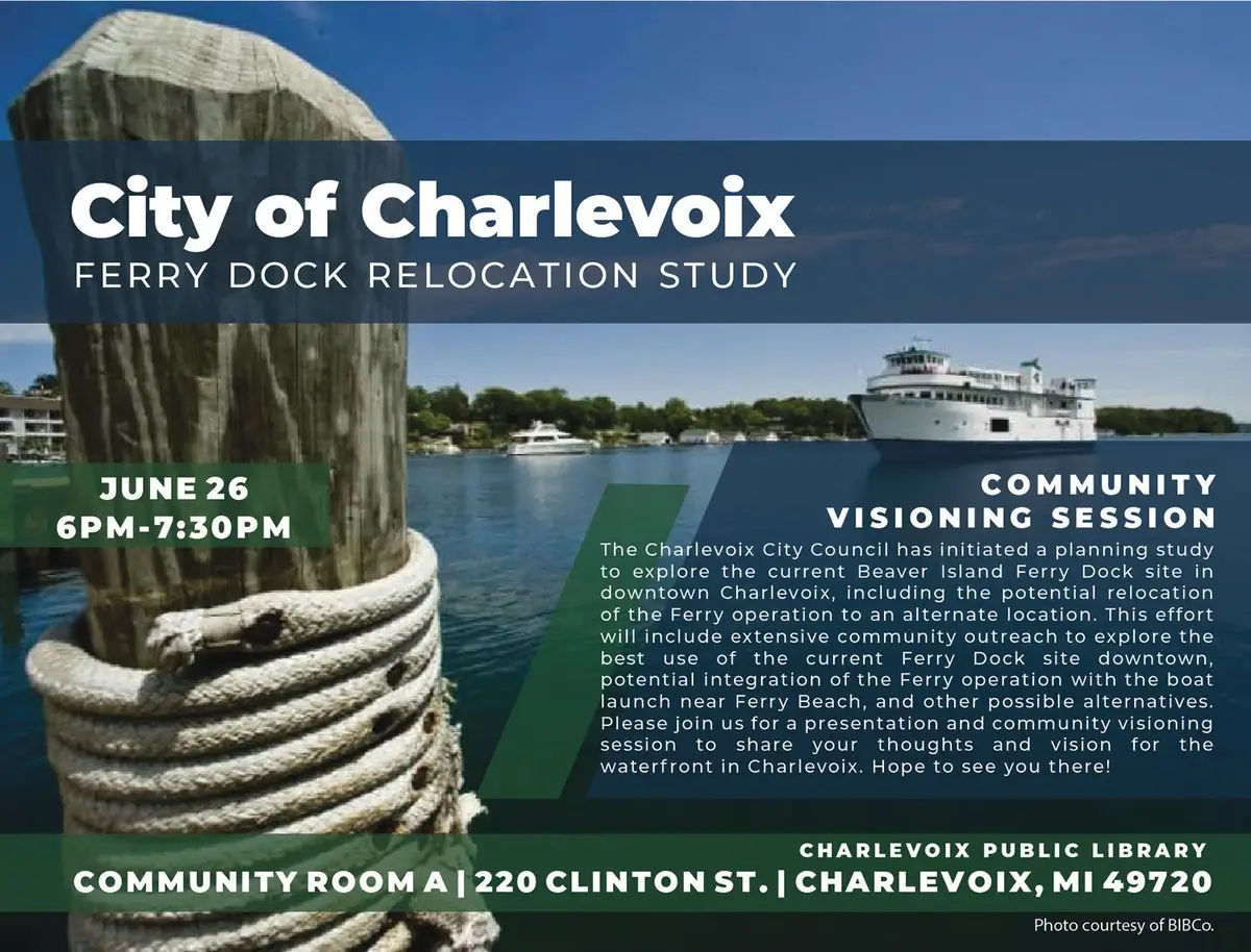 Promotional graphic showing a ferry, harbor, mooring post, and details for a community visioning session.