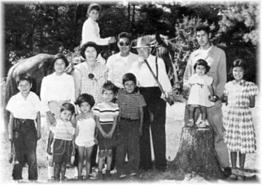 Adults and children pose outdoors beside a horse and a large tree stump.