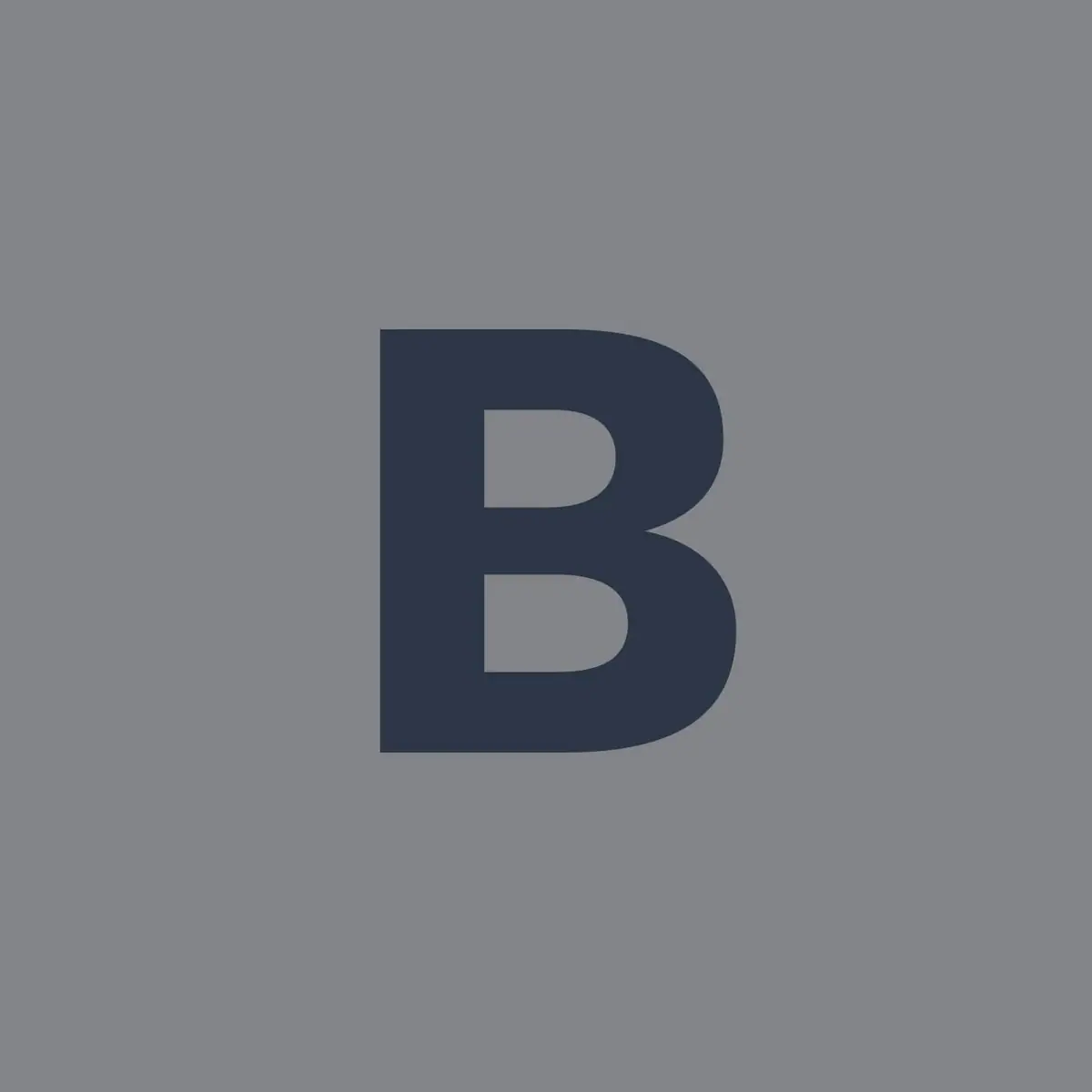 A large dark-blue capital B appears centered on a plain gray background.