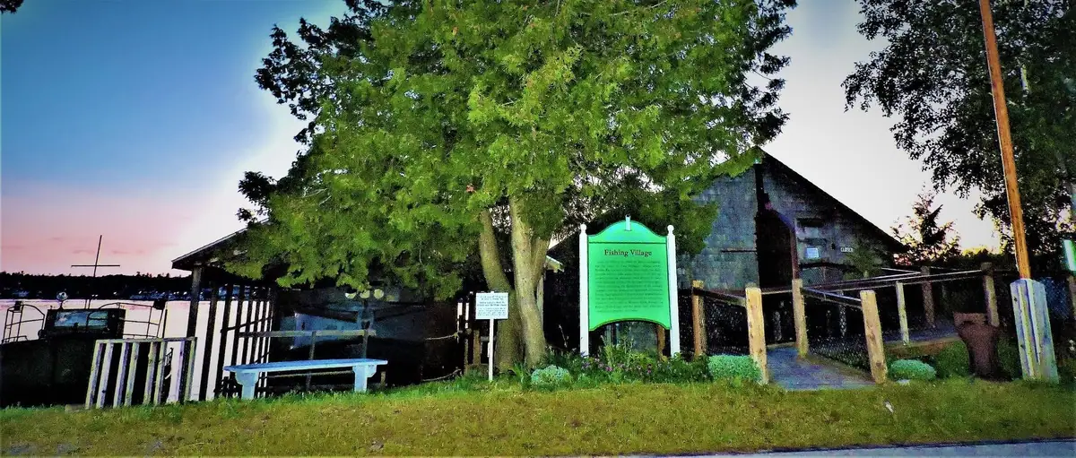 A green historic marker stands beside wooden waterfront buildings beneath a large tree at sunset.