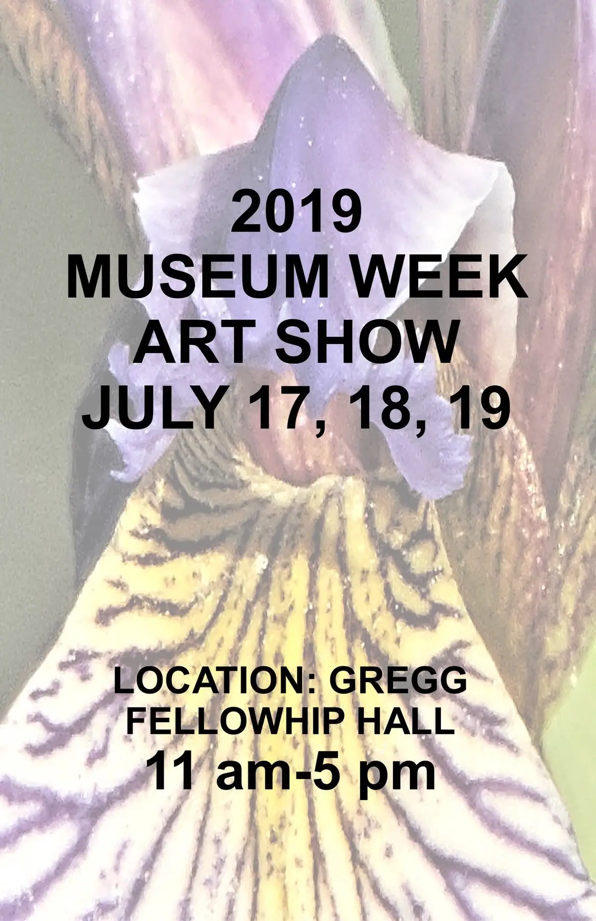 Event poster showing a tiger beneath a purple flower, with details for a museum week art show.