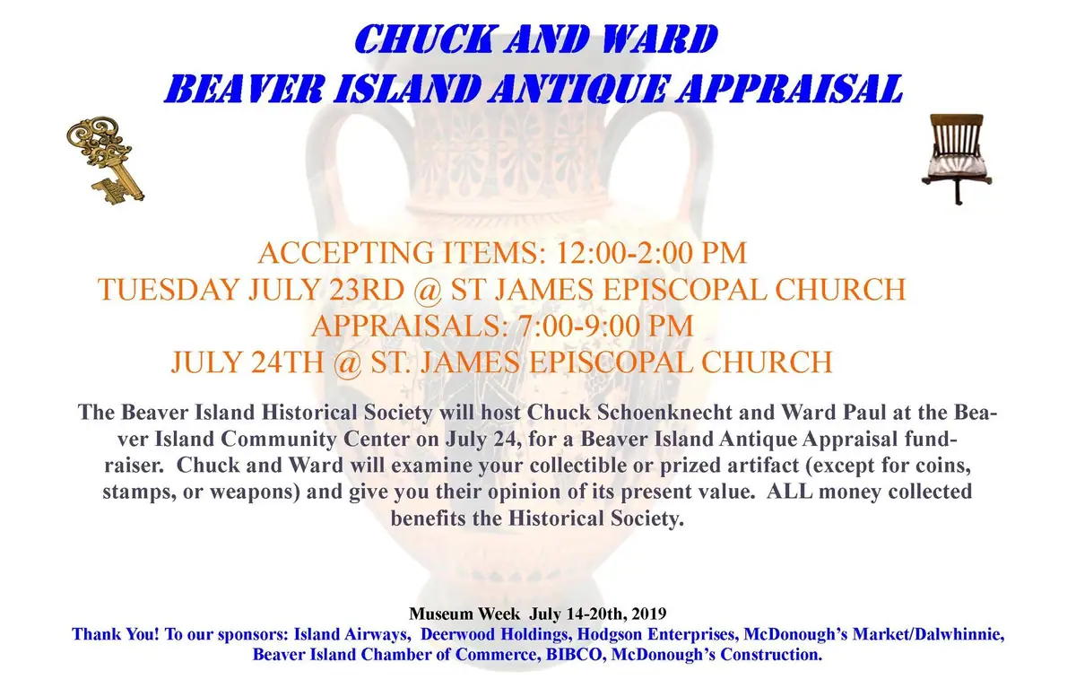Promotional flyer for an antique appraisal fundraiser, featuring blue and orange lettering and illustrations of antique objects.