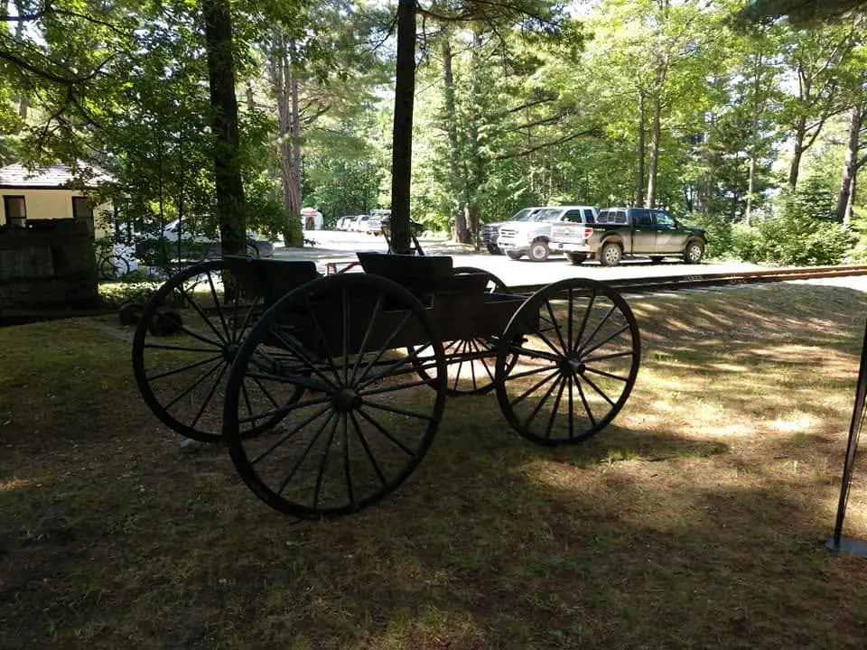 A black horse-drawn wagon with large spoked wheels stands beneath trees beside parked vehicles.