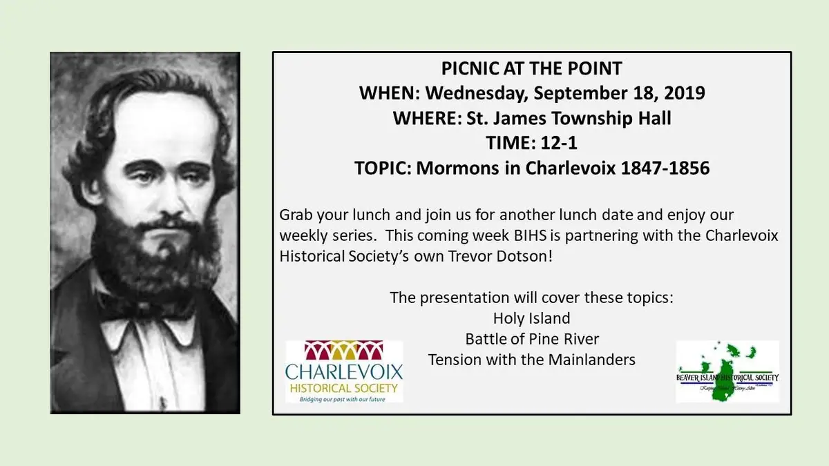 Promotional announcement with a grayscale bearded portrait and text for a lunchtime presentation.