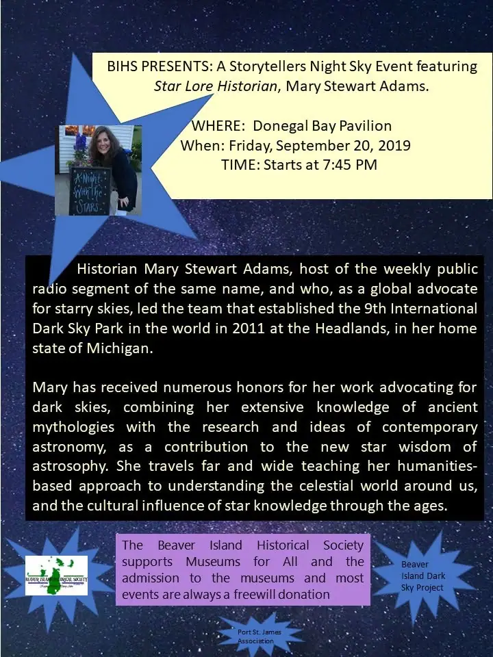 Event poster with a starry background, a portrait, and information about a night-sky storytelling program.
