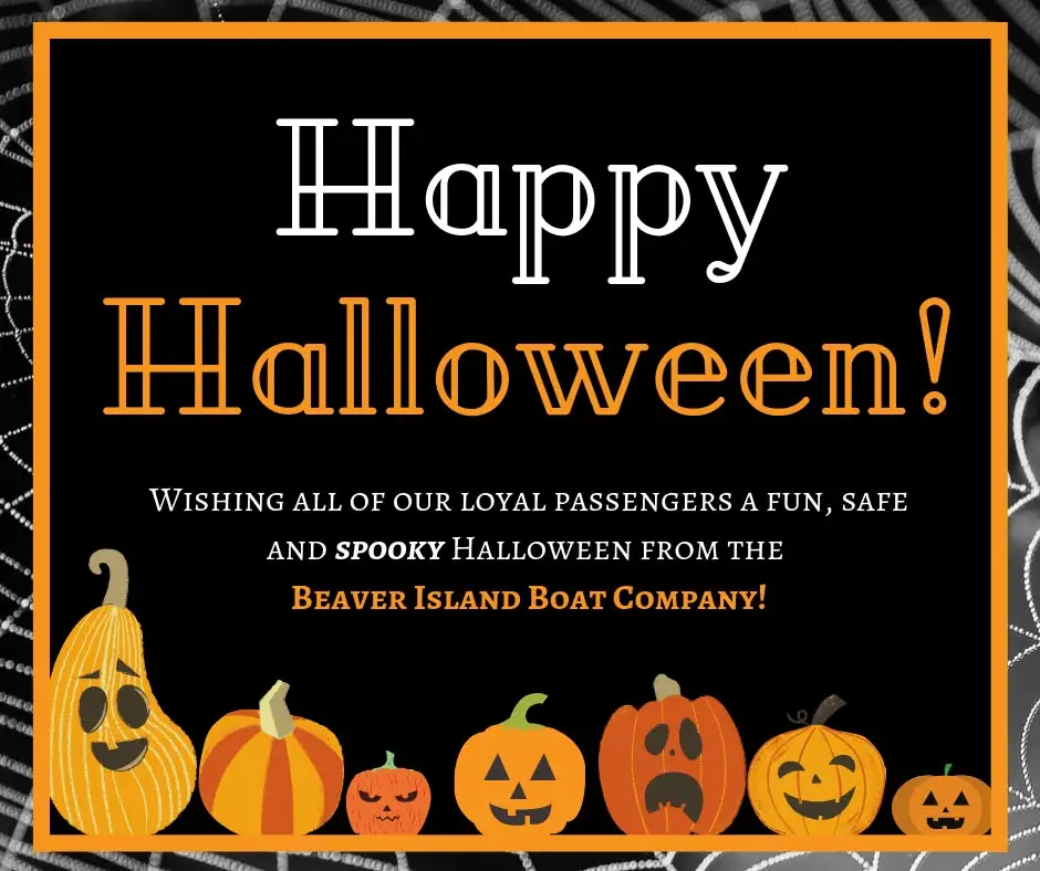 Halloween graphic with a greeting, seven stylized pumpkins, and a black, orange, and gray design.