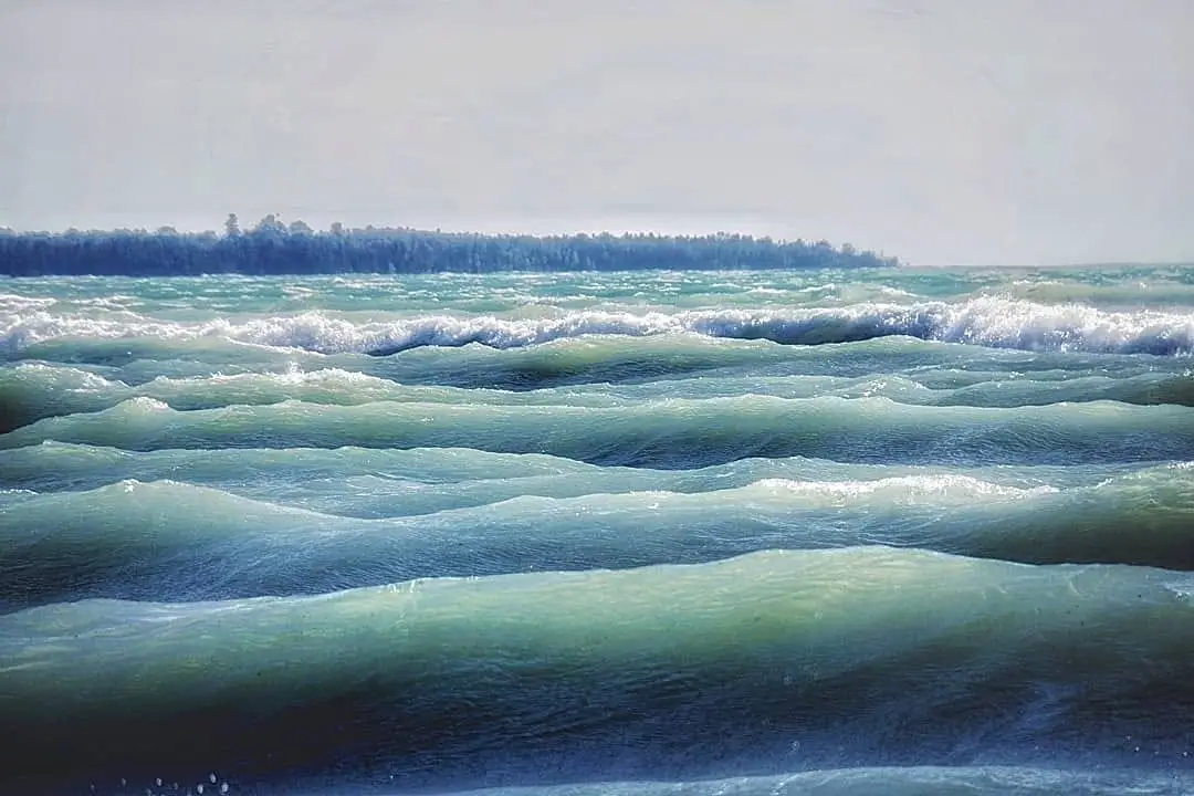 Large wind-driven waves roll toward a distant forested shoreline beneath an overcast sky.
