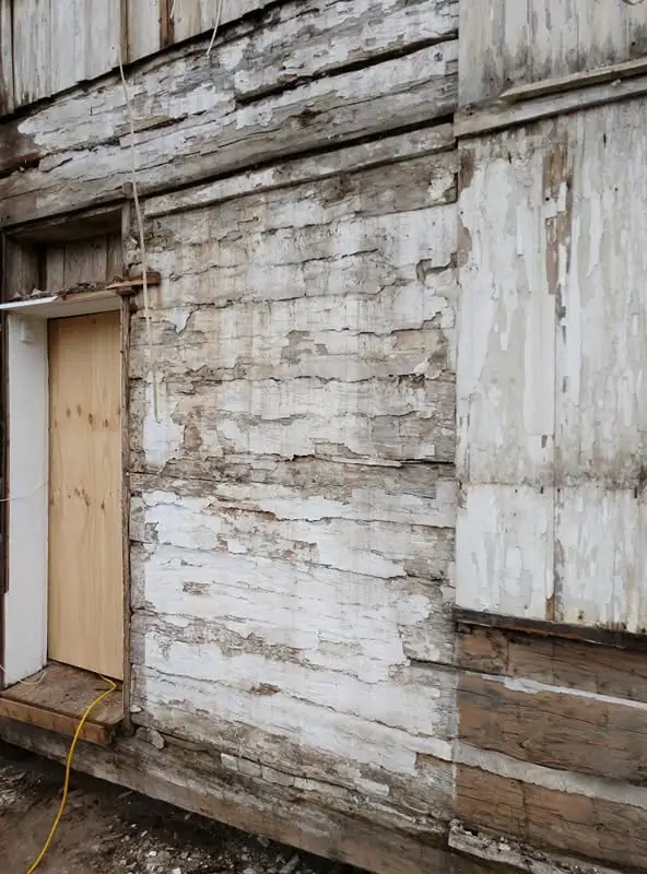Close view of a severely weathered wooden building wall with peeling white paint and an unfinished door.