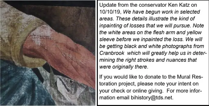 Composite image showing a damaged mural detail beside printed restoration information.