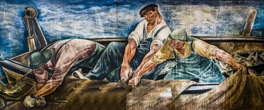 A painted scene shows three fishermen working aboard a boat among nets and gear.