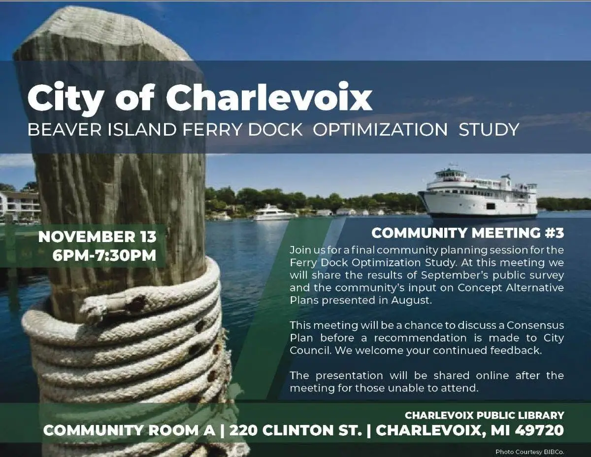 Poster advertising a community meeting about ferry dock planning, with a passenger ferry and rope-wrapped mooring piling.
