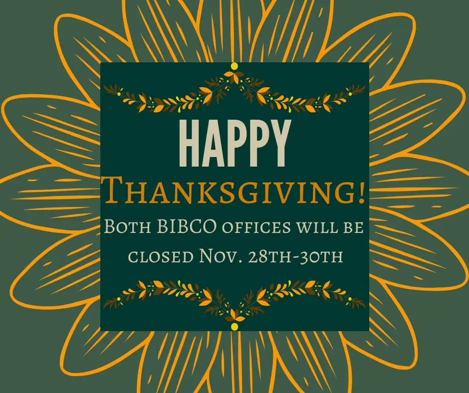 Decorative Thanksgiving announcement with orange botanical motifs and text about office closures.