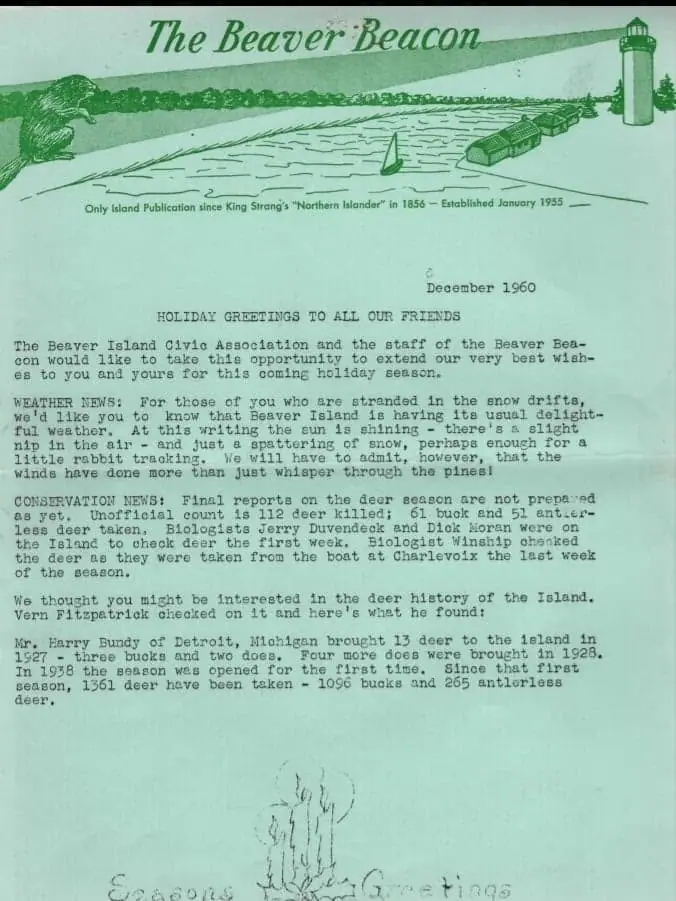 Green-tinted newsletter page with a beaver, sailboat, docks, and lighthouse above printed holiday and conservation news.