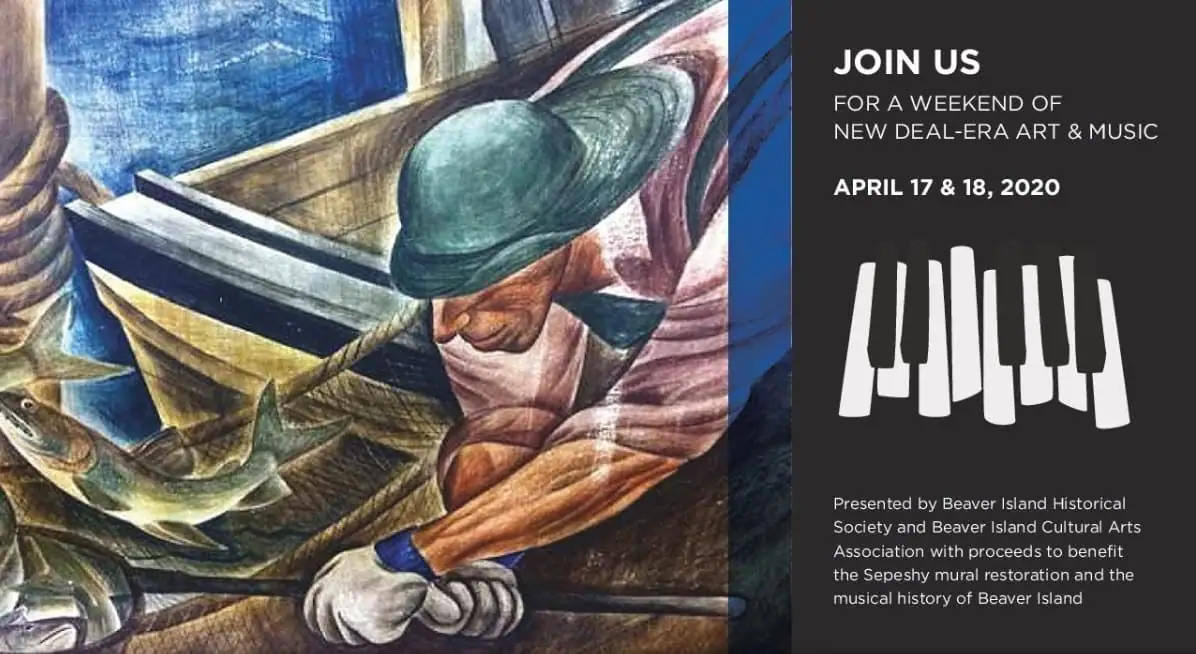 Poster showing a painted fisherman with fish beside piano keys and an invitation to an art and music weekend.