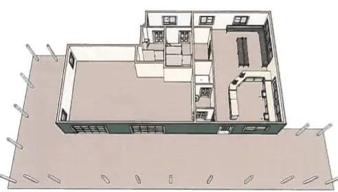 Architectural cutaway rendering of a building with open rooms, counters, appliances, windows, and a dark green exterior wall.
