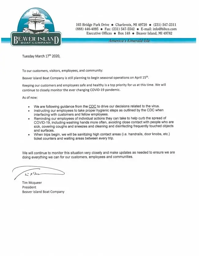 One-page public health notice with a ferry logo, typed text, and a handwritten signature.