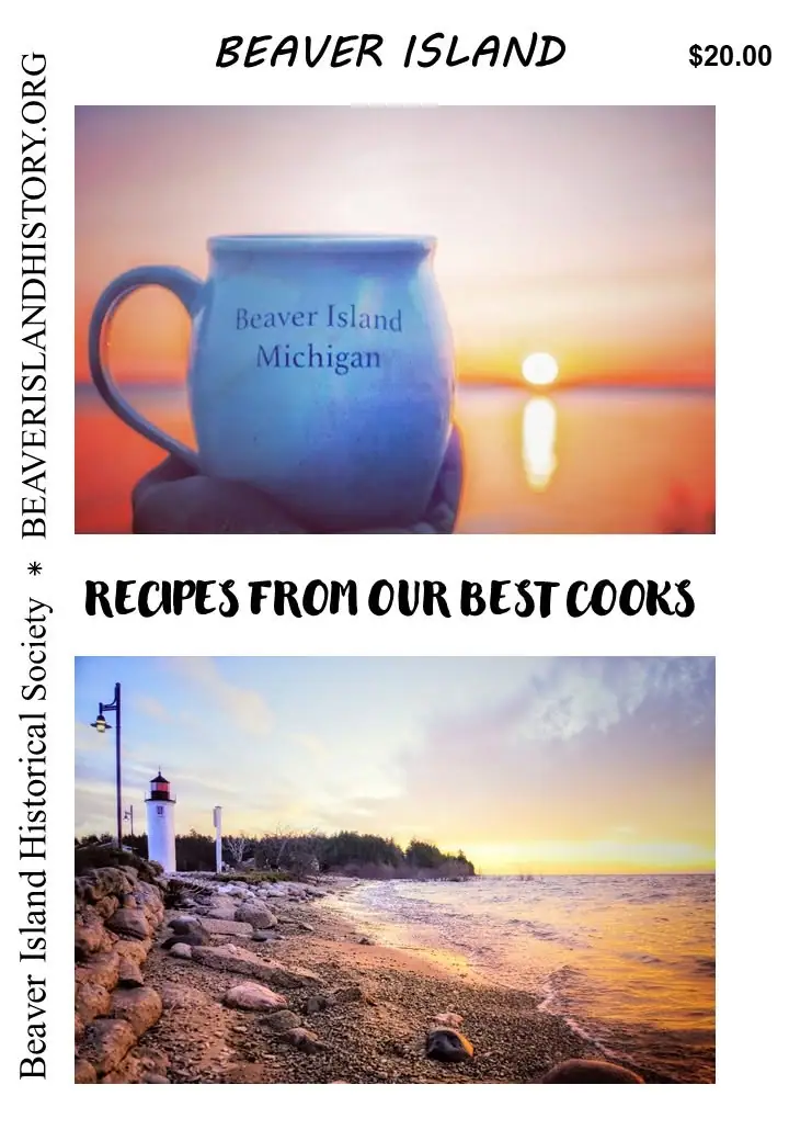 Promotional graphic showing a blue mug and a lighthouse shoreline scene at sunset, with cookbook text.