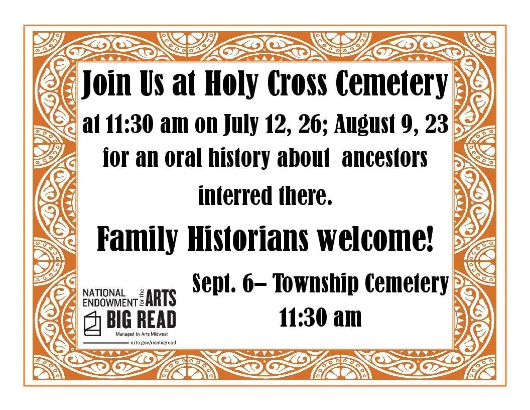 Decorative announcement for cemetery walks and oral-history events.