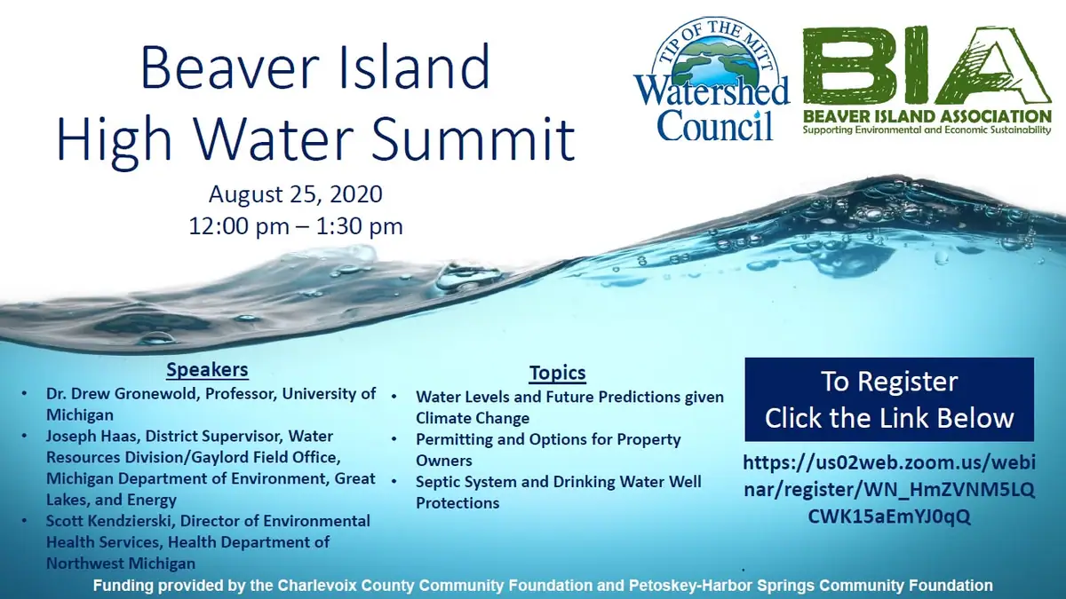 Promotional graphic with a water image, event information, speaker and topic lists, logos, and registration instructions.