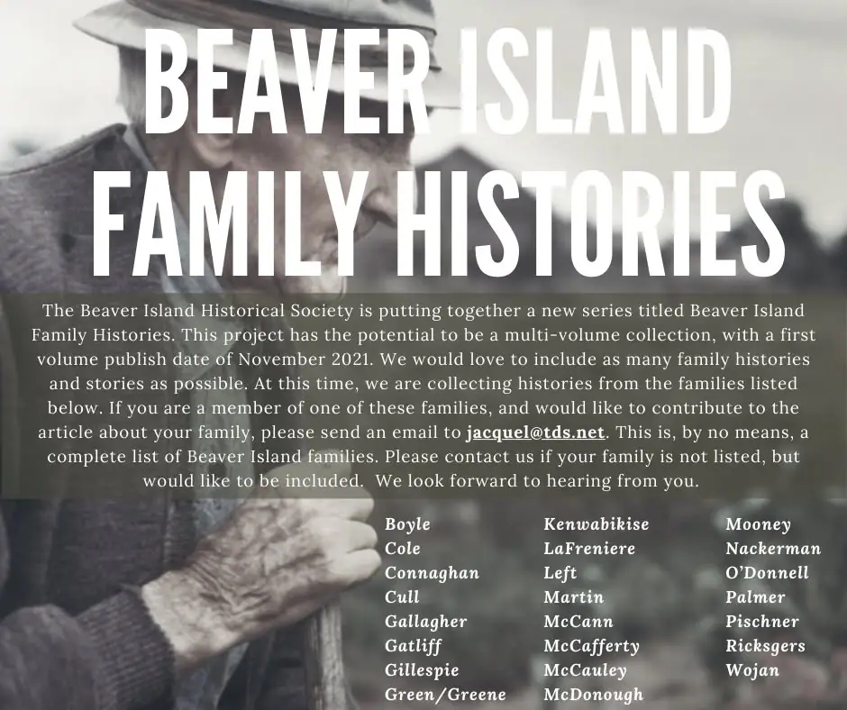 A grayscale family-history announcement graphic over a portrait of a person holding a cane.