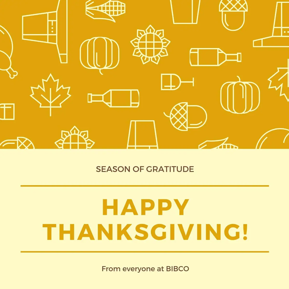 Thanksgiving greeting graphic with autumn-themed line drawings and the words “HAPPY THANKSGIVING!”