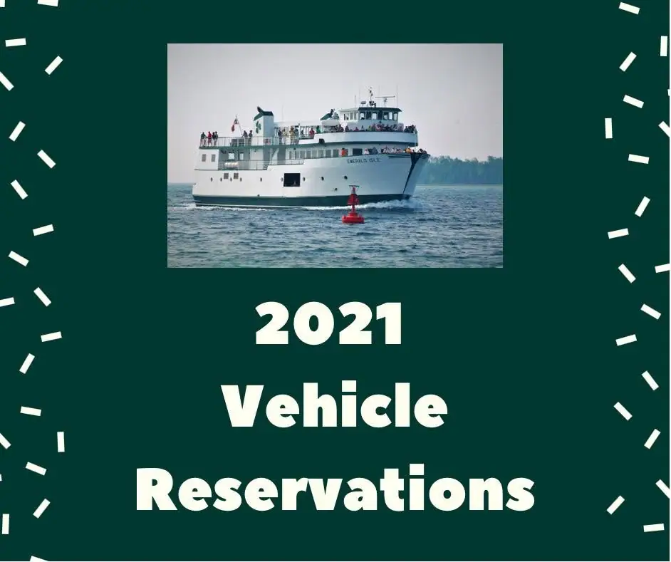 Promotional graphic showing a white passenger ferry passing a red buoy, with text about 2021 vehicle reservations.