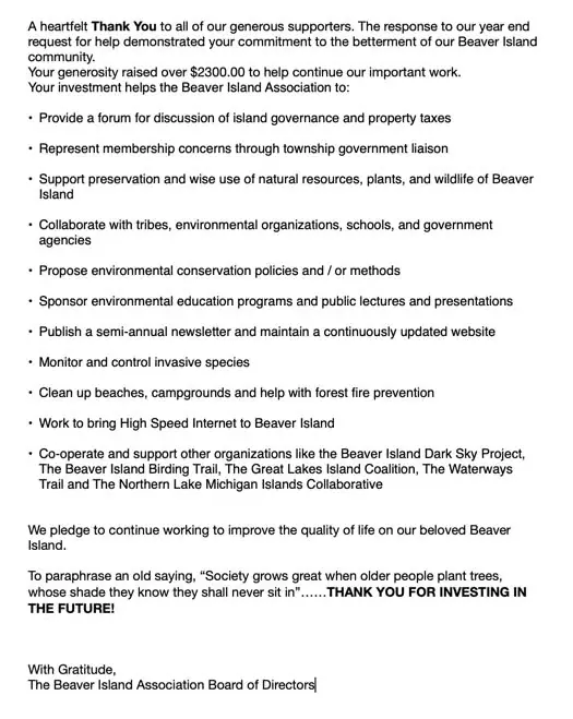 A text-filled thank-you announcement lists community, environmental, educational, and infrastructure initiatives.