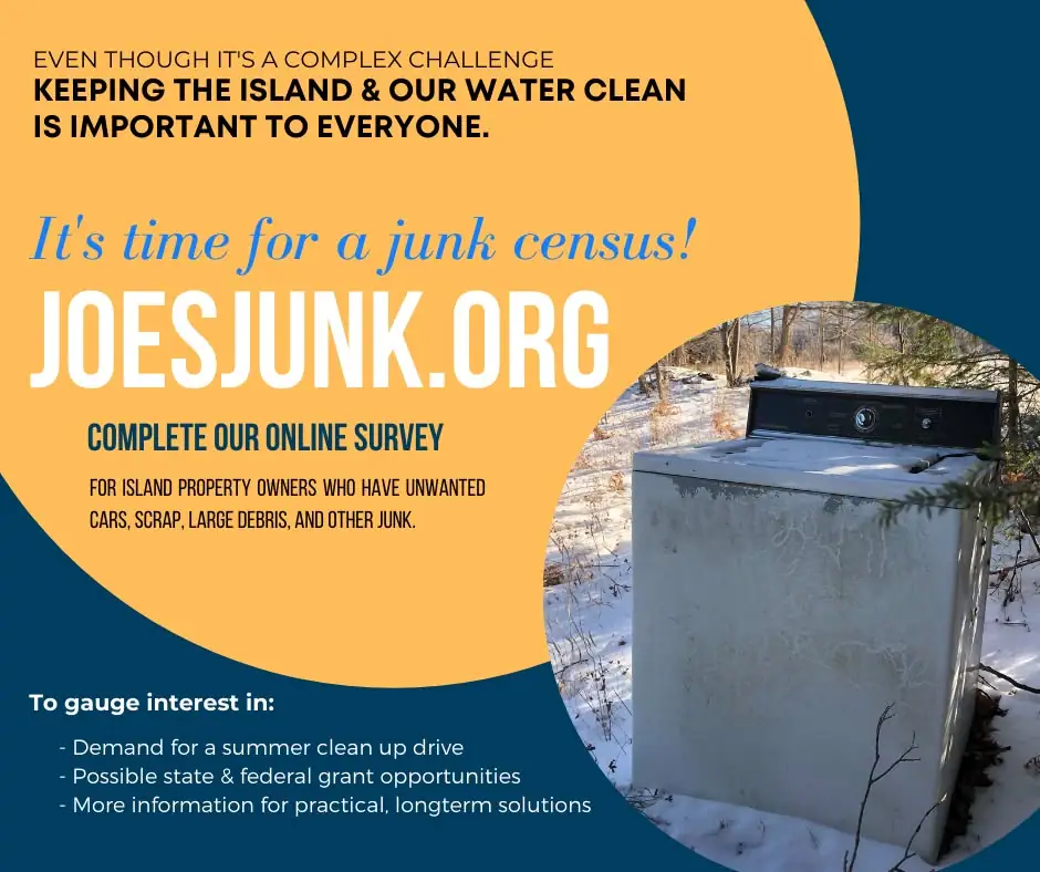 Promotional graphic with text about a junk survey and an inset photograph of an abandoned washing machine in snow.