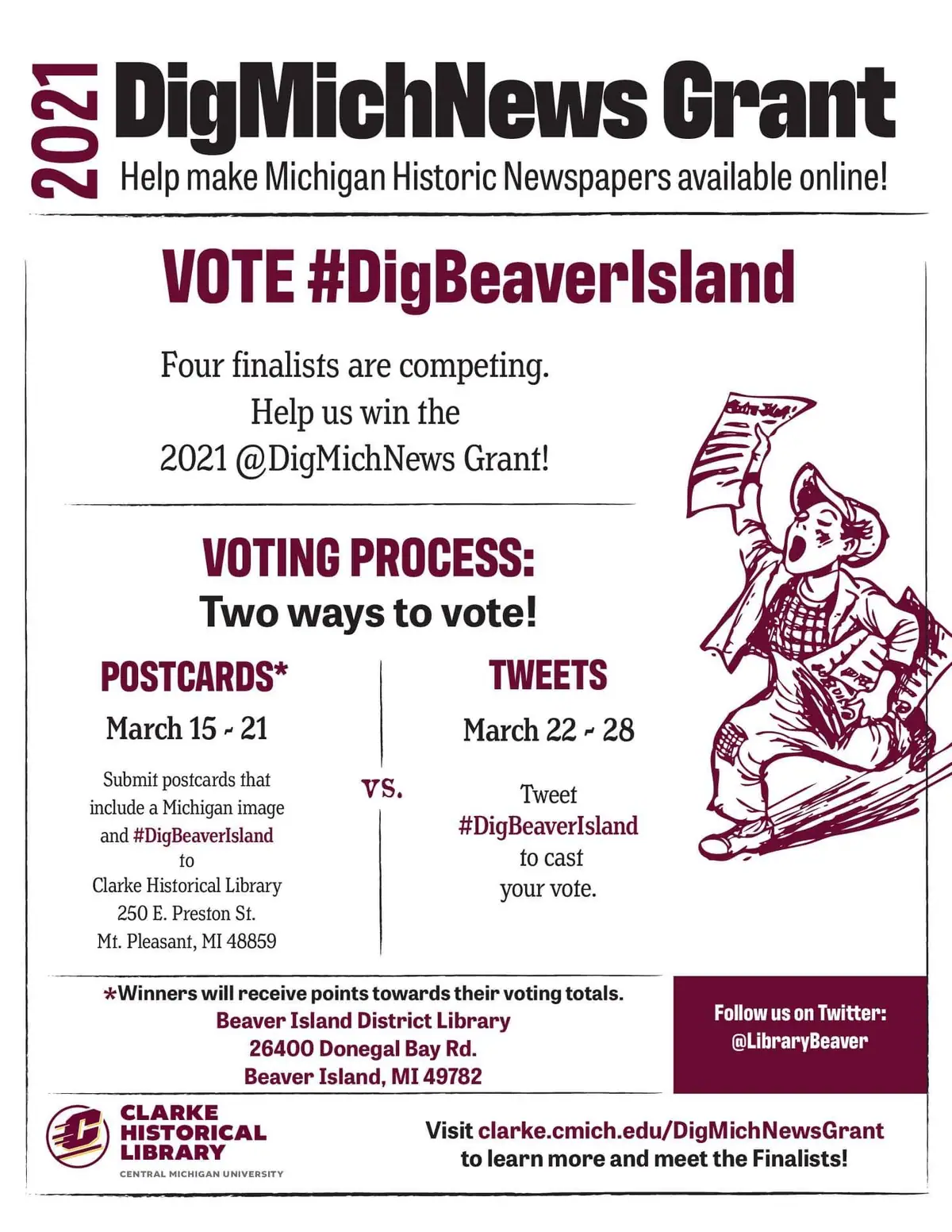 Promotional flyer with voting instructions and an illustrated beaver holding a newspaper.