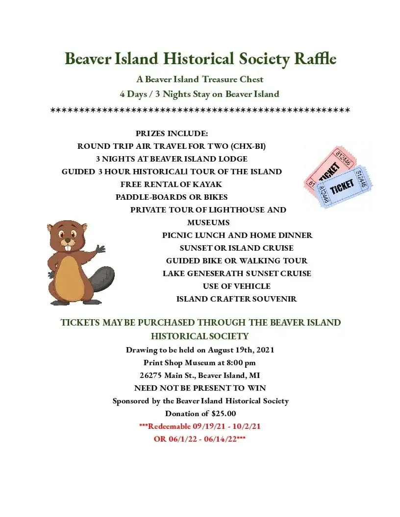 A printed raffle flyer lists a travel-themed prize package, with a cartoon beaver and illustrated raffle tickets.