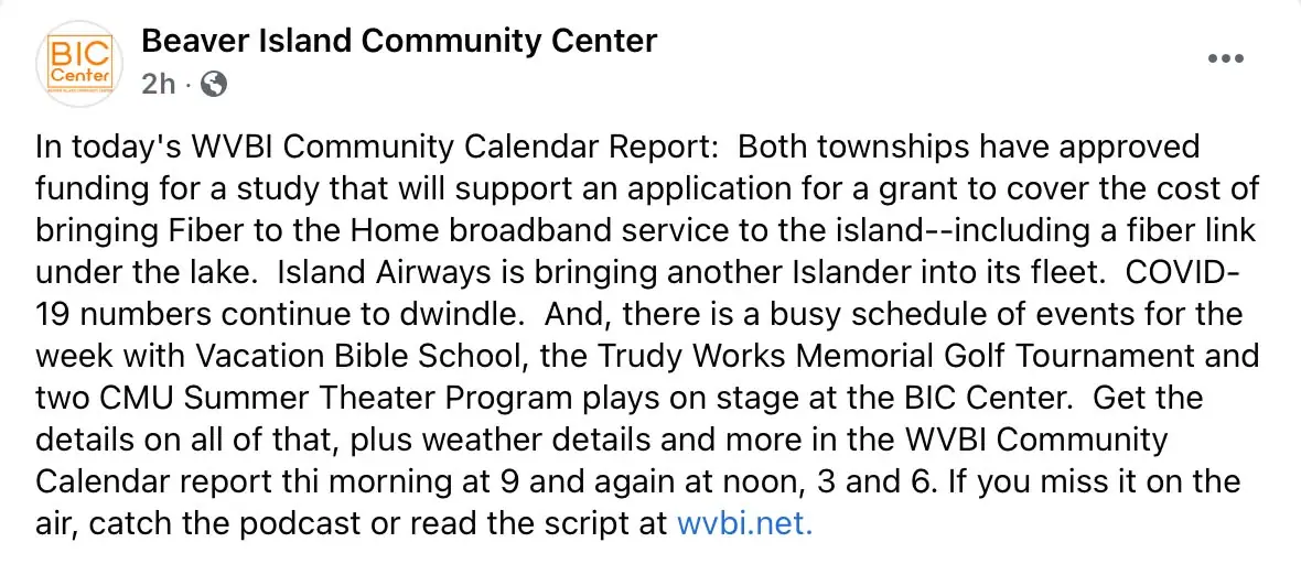 Screenshot of a social-media post with an orange circular logo and a paragraph of community news.