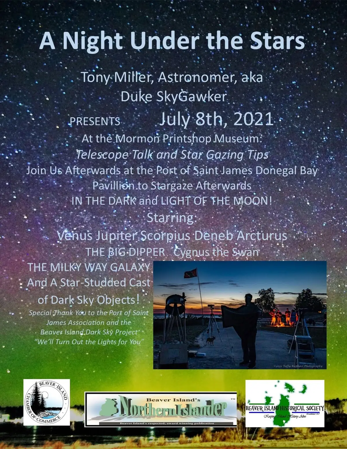 Promotional poster for an astronomy presentation and stargazing event, with a star-filled background and inset sunset photograph.