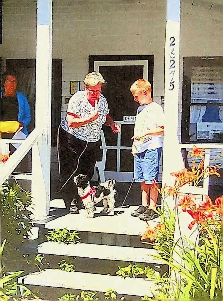 A woman, boy, and small dog stand on the steps of a porch beside flowering plants.
