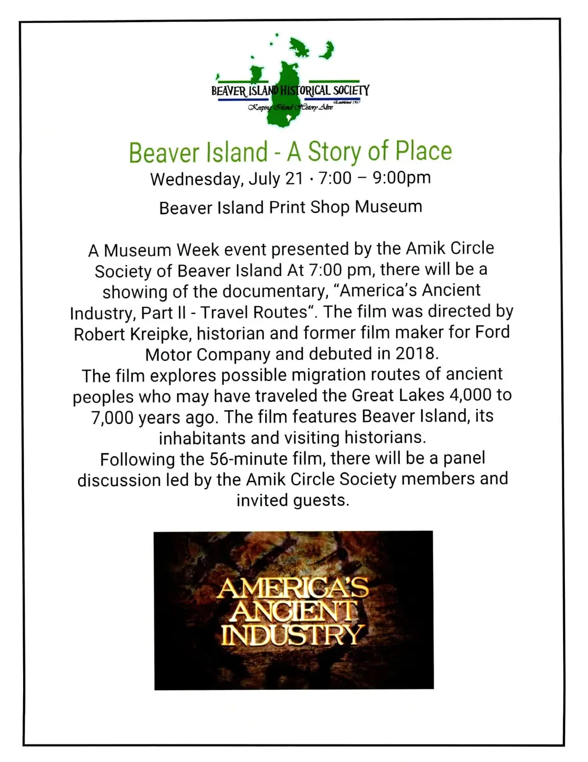 Event flyer advertising a documentary screening and panel discussion, with a logo at the top and a film image below.