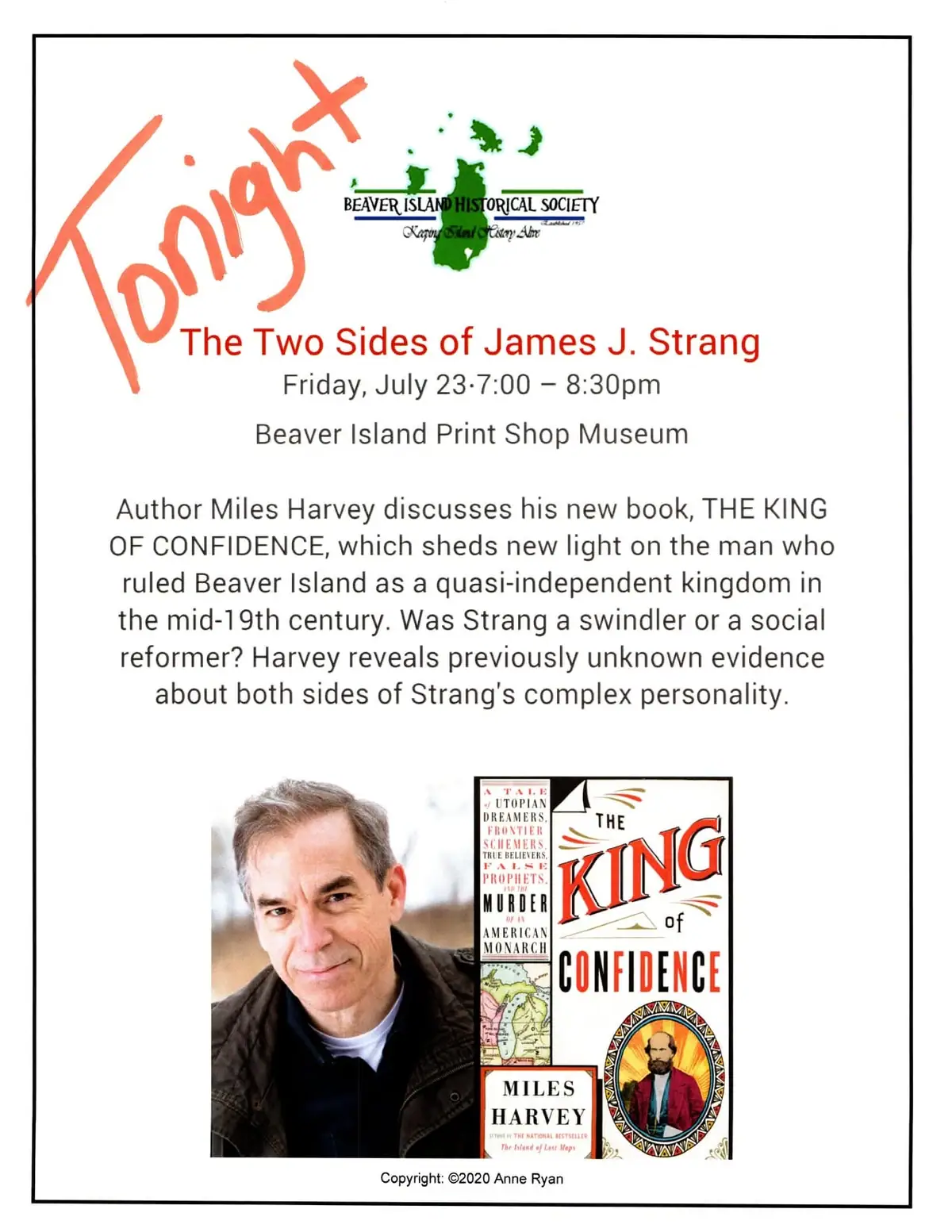 Promotional flyer for a historical lecture, featuring a portrait and an illustrated book cover.
