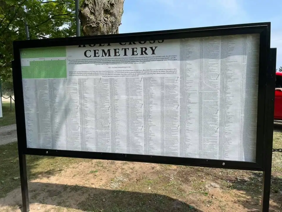 Framed cemetery directory and map displayed outdoors beneath a large HOLY CROSS CEMETERY heading.